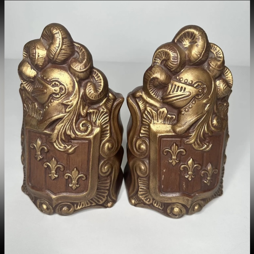 Vintage Ceramic Bookends Set of 2 Medieval Armor Knight Brown Gold 8”
